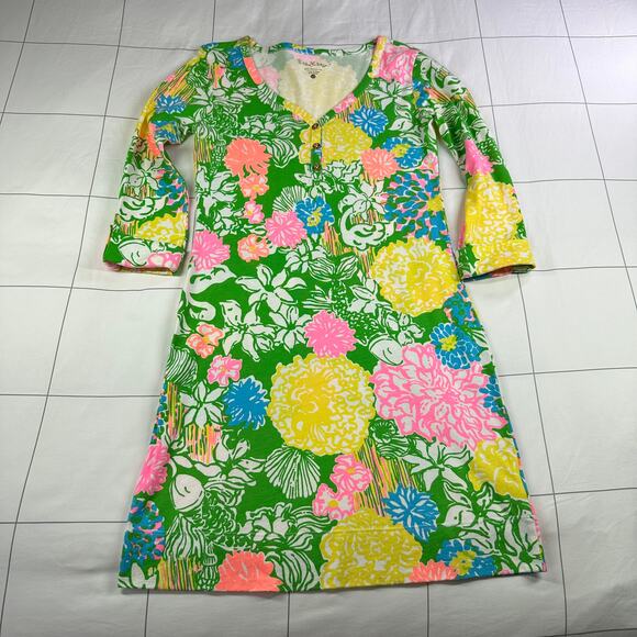 Lilly Pulitzer Dress Women XS Green Yellow Palmetto Floral Shift Hibiscus Stroll - Picture 2 of 9